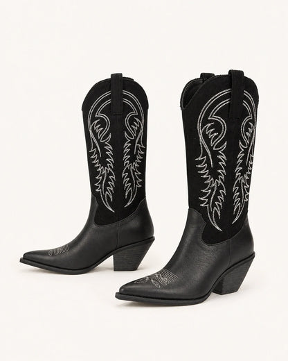 Momount Cassie black tall western cowboy boots — lateral profile