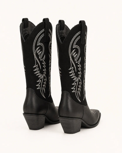 Momount Cassie black tall western cowboy boots — rear view
