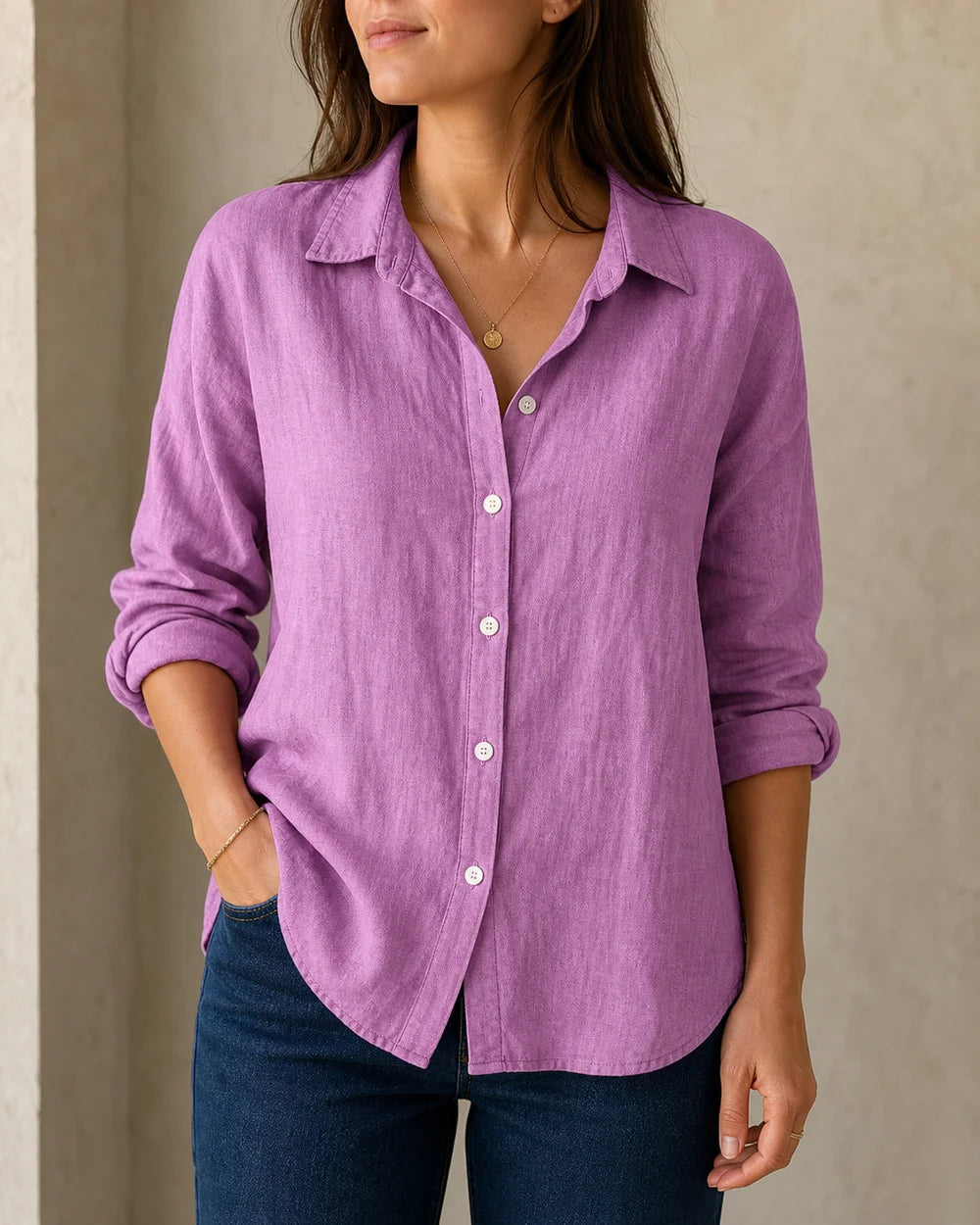 Women's purple cotton-linen relaxed shirt, front product view.