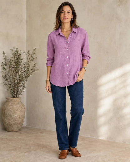 Women's purple cotton-linen relaxed shirt, complete styled silhouette.