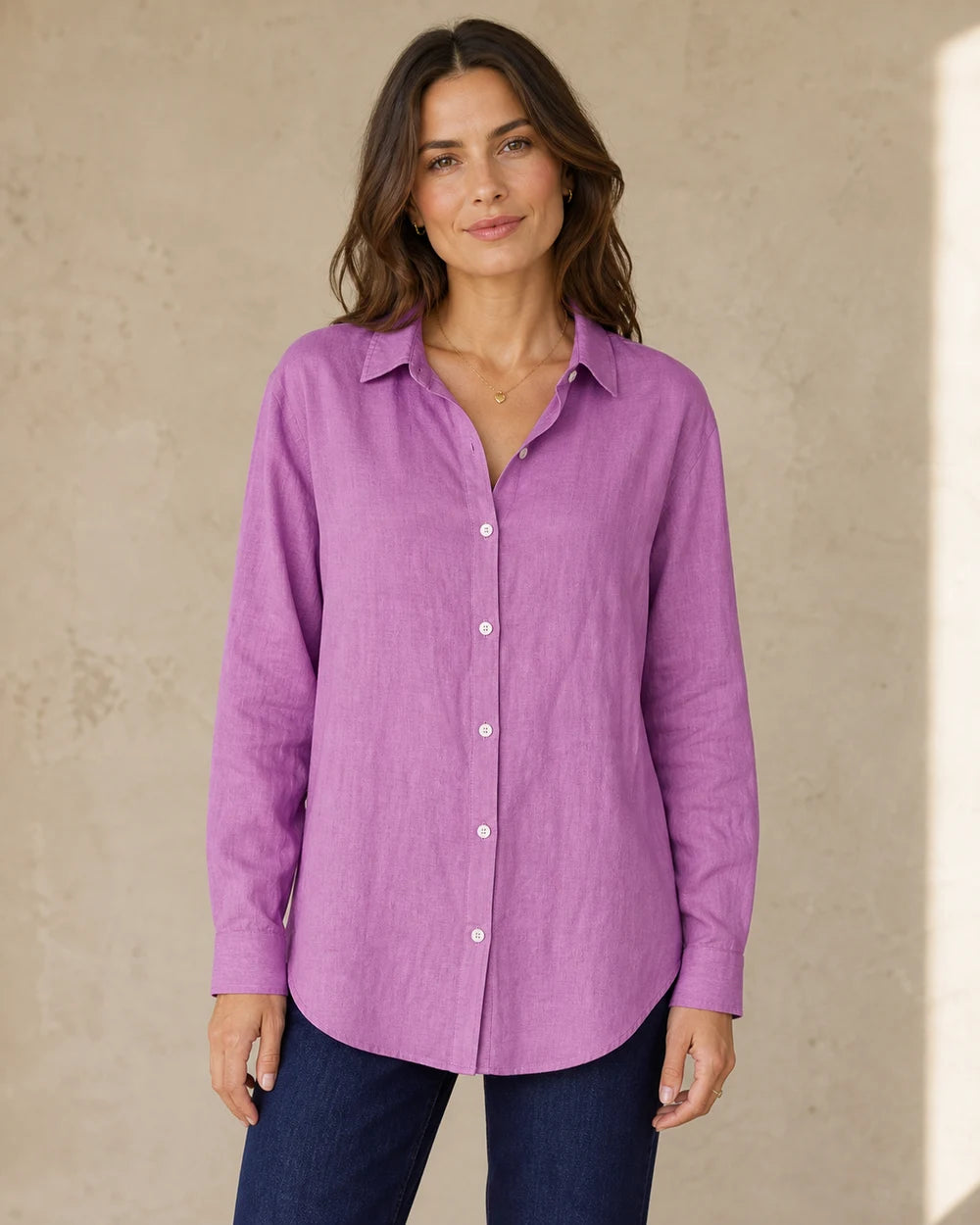 Women's purple cotton-linen relaxed shirt, straight front fit.