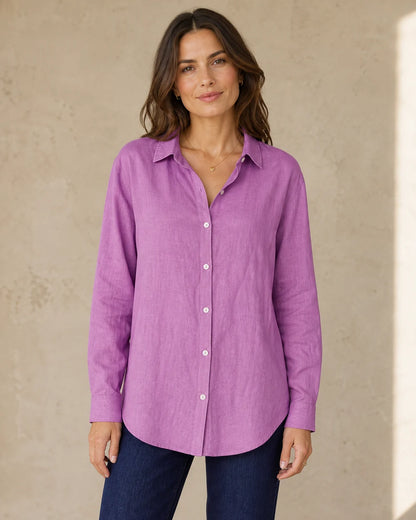 Women's purple cotton-linen relaxed shirt, straight front fit.