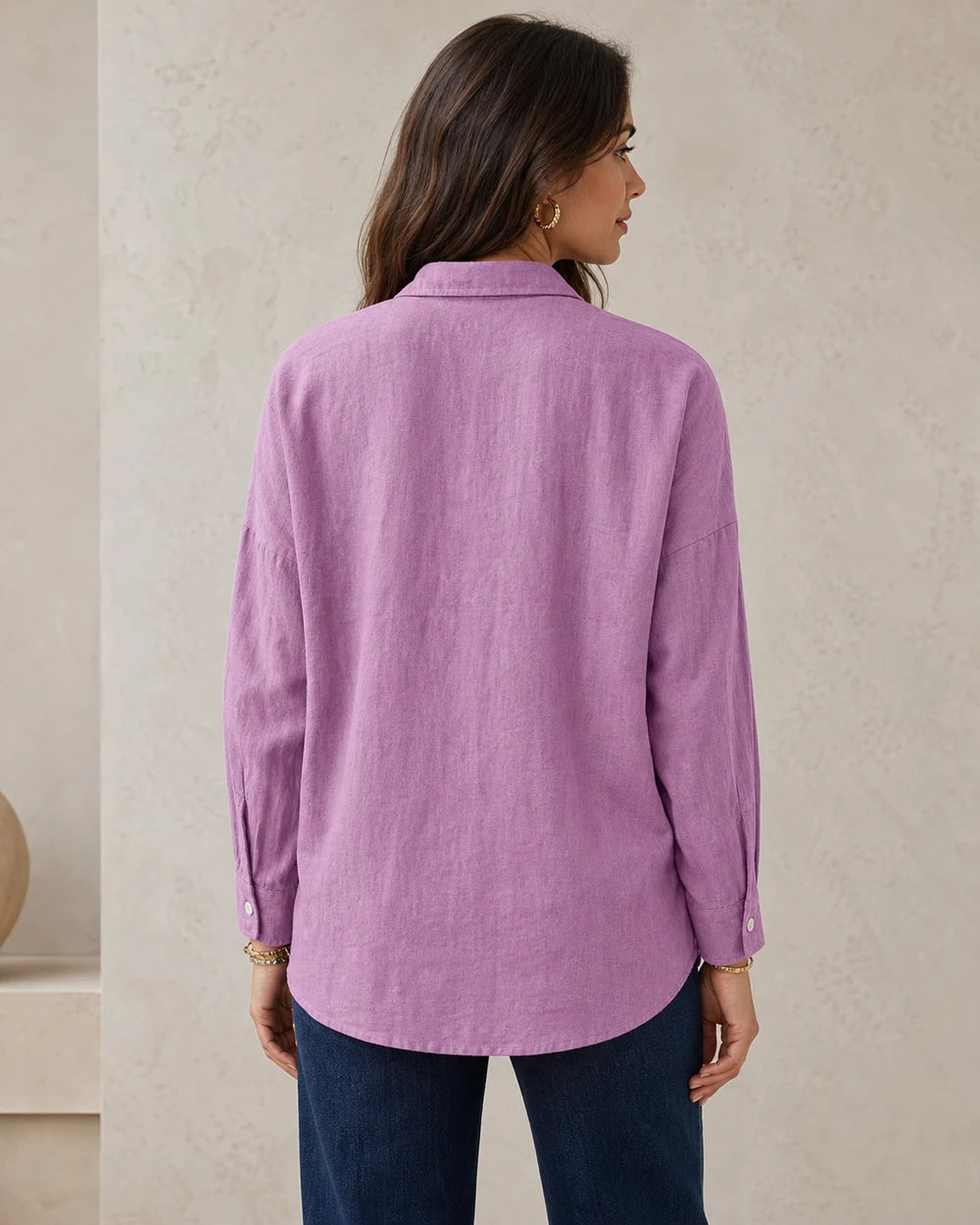 Women's purple cotton-linen relaxed shirt, rear fit view.
