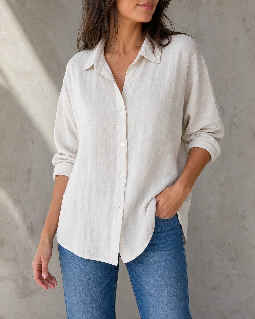 Women's white cotton-linen relaxed shirt, front product view.