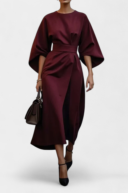 Evadne | Vestido Midi Cruzado de Crepé con Mangas Farol Elegante