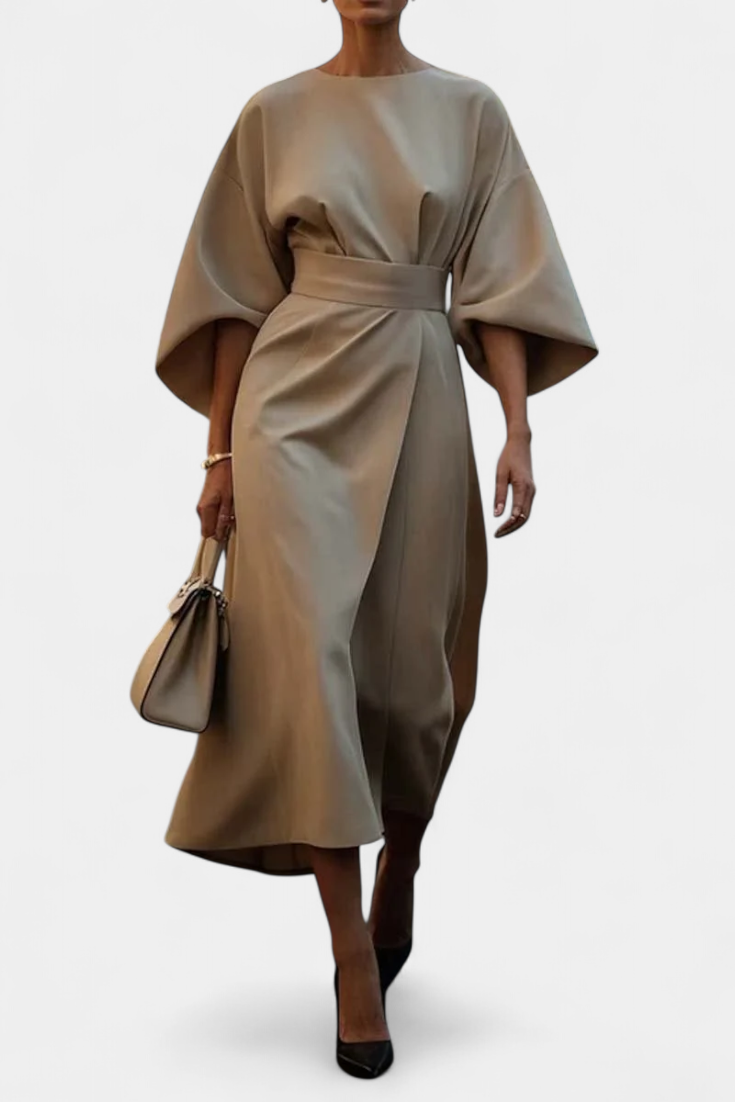 Evadne | Vestido Midi Cruzado de Crepé con Mangas Farol Elegante