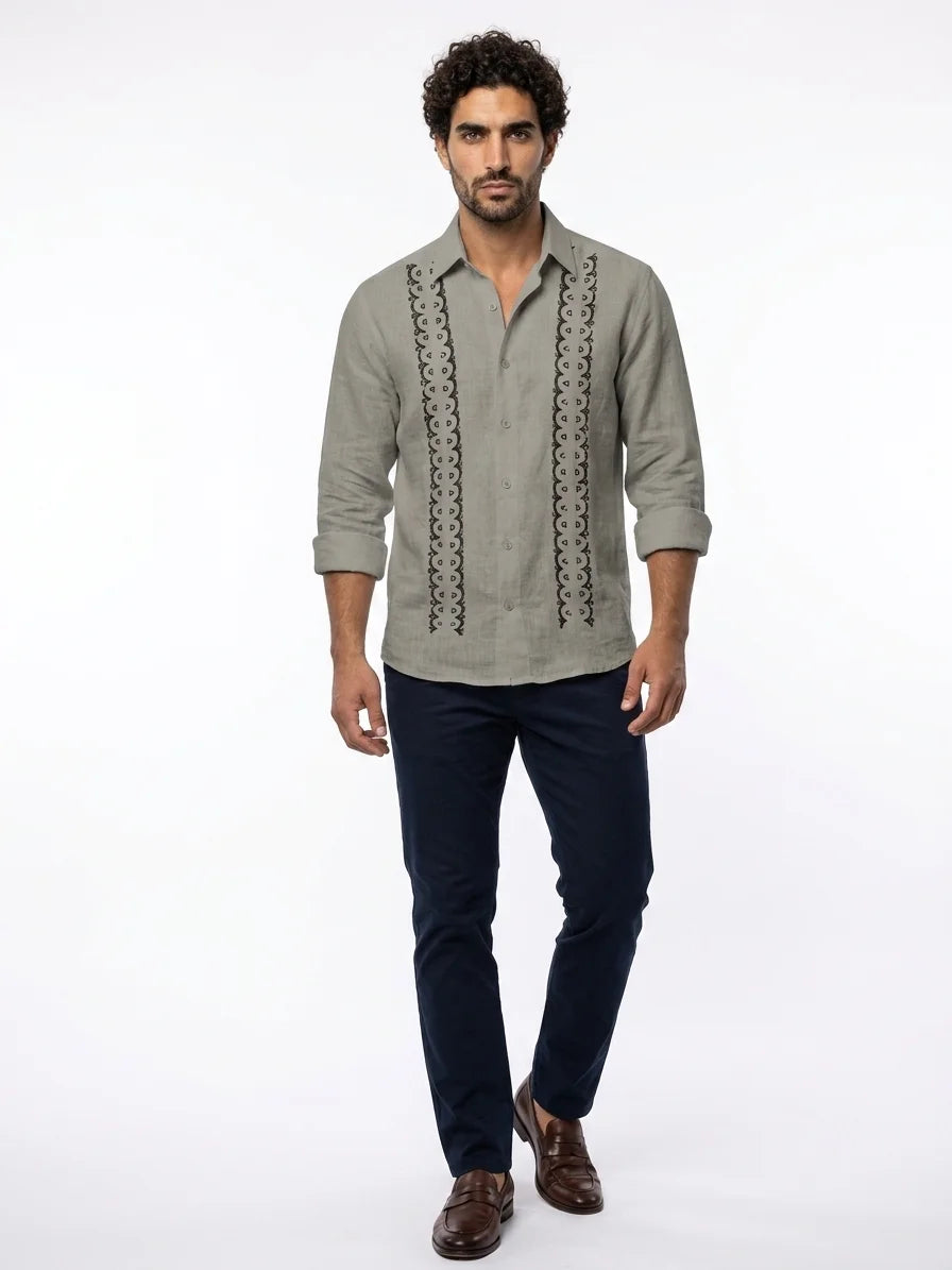 Momount Men Guayabera Linen Shirt – Long Sleeve Embroidered Panels Beach - Gray - front