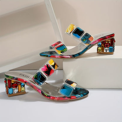 Thessaly | Sandalias de Tacón Bloque con Gemas Cuadradas Transparentes