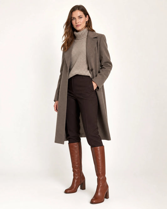 Women's cognac-brown knee-high boots with a sculpted block heel, hero view.