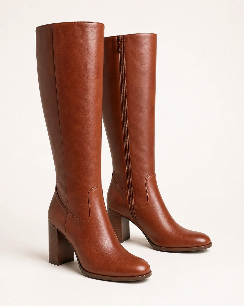 Women's cognac-brown knee-high boots, product-only pair.