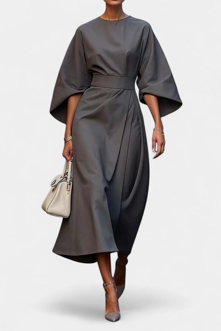Evadne | Vestido Midi Cruzado de Crepé con Mangas Farol Elegante