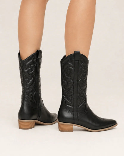 Women's Evelyn black cowboy boots, rear shaft and heel view.