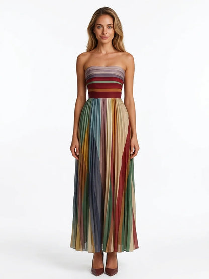 Celeste Strapless Pleated Maxi Dress | Panel Construction - Multicolor - front