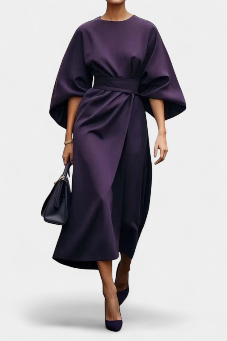 Evadne | Vestido Midi Cruzado de Crepé con Mangas Farol Elegante