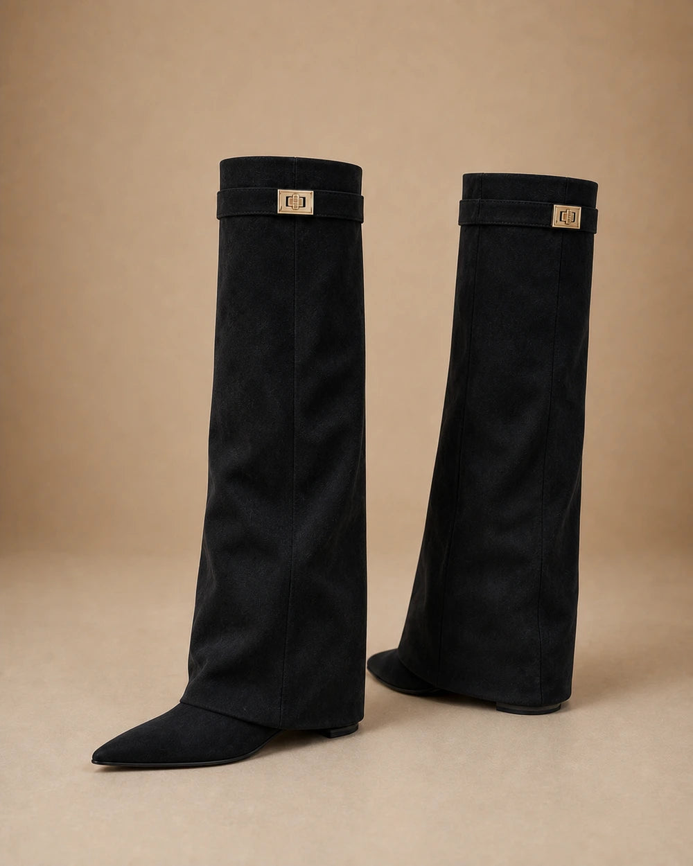 Women's black suede-effect gold-clasp wedge knee-high boots, product-only pair.