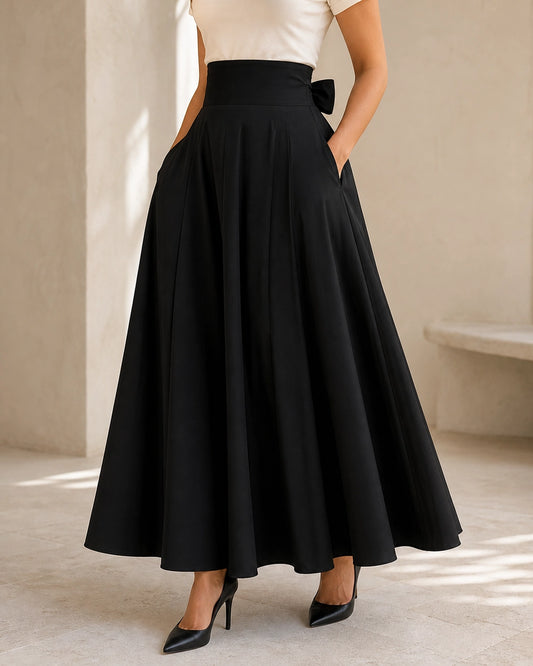 Jupe midi femme taille haute à nœud et poches — image 1
