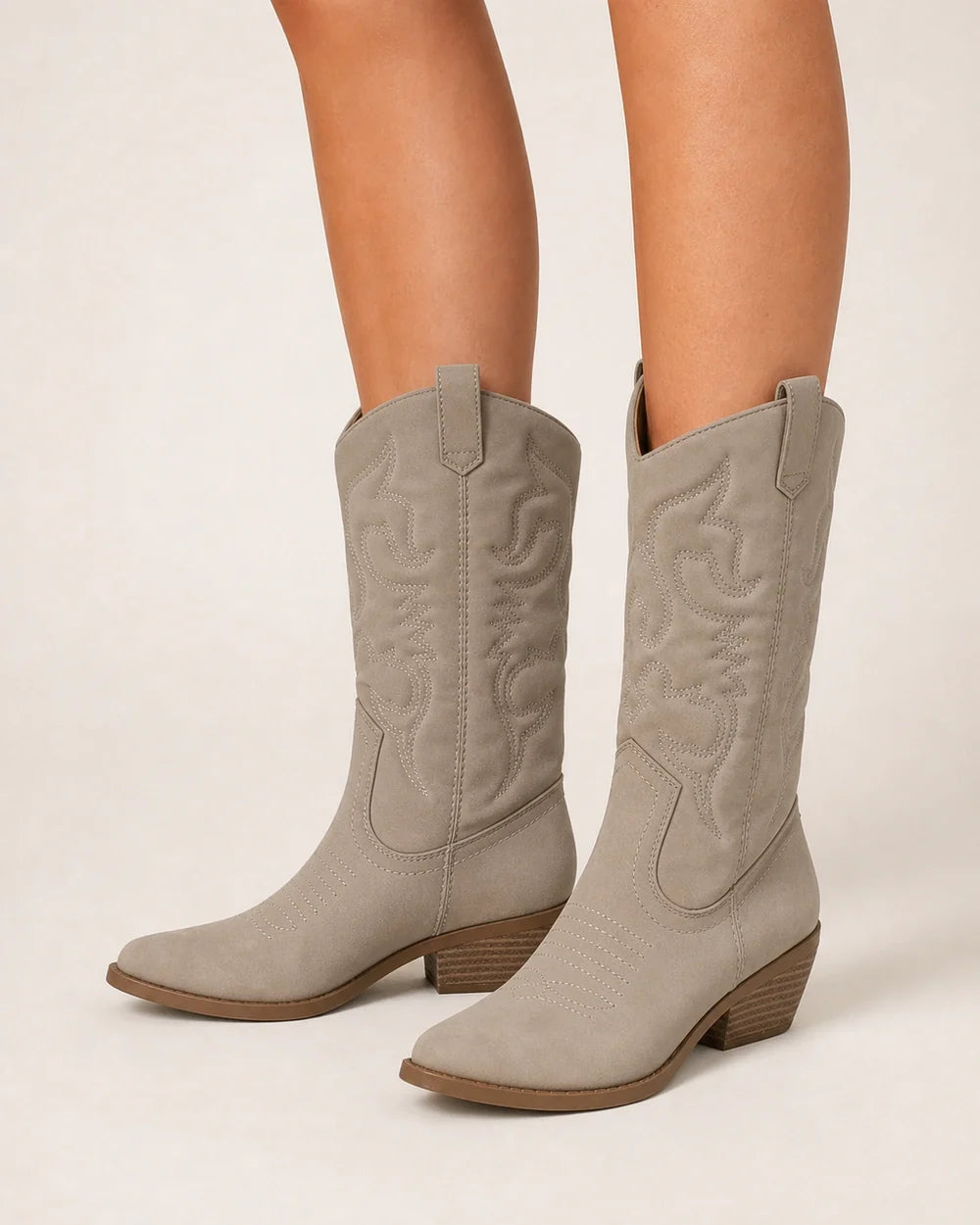 Women's Gracia sand pointed western cowboy boots, worn hero view.