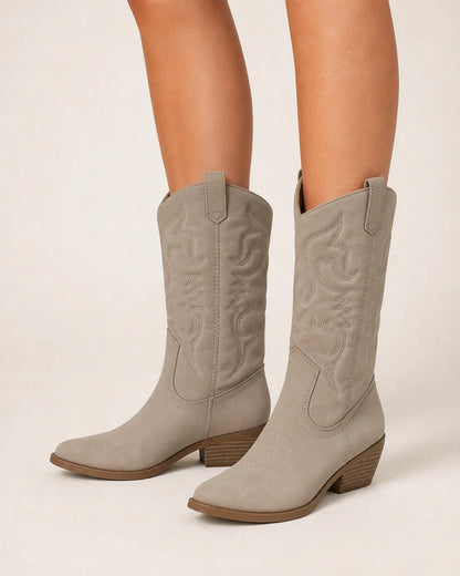 Women's Gracia sand pointed western cowboy boots, worn hero view.