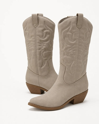 Women's Gracia sand pointed western cowboy boots, clean product view.