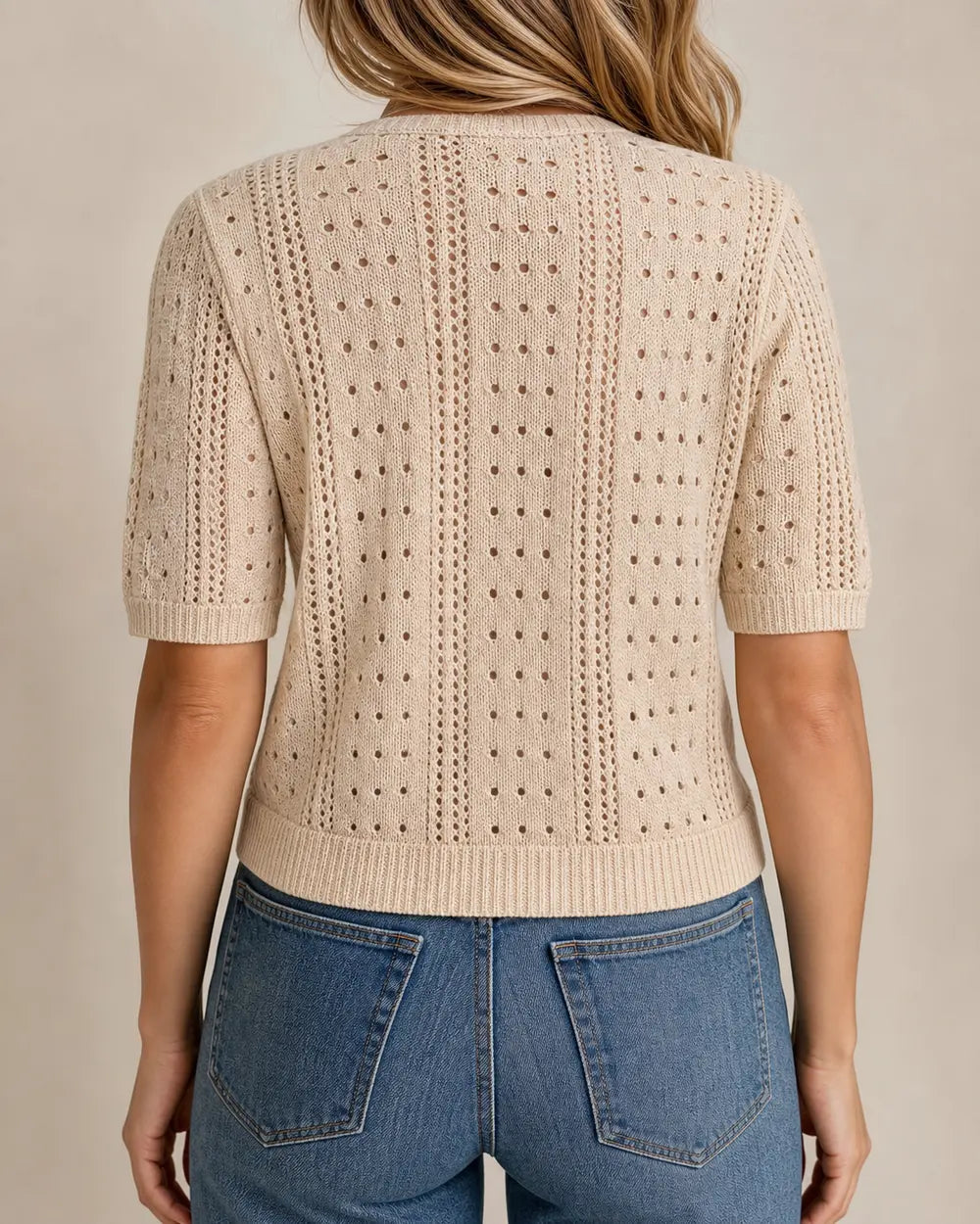 Idalia lightweight open-knit cardigan for women, beige true back view