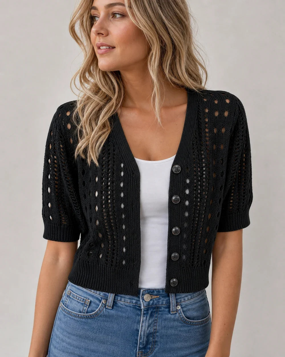 Idalia lightweight open-knit cardigan for women, black colourway