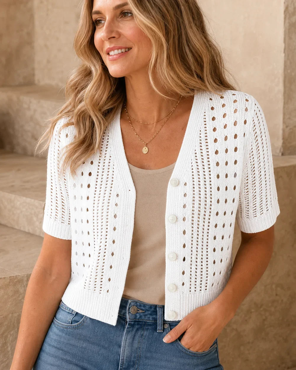 Idalia lightweight open-knit cardigan for women, white colourway