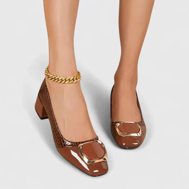 Ophelia | Gold Chain Crocodile Block Heel Loafers