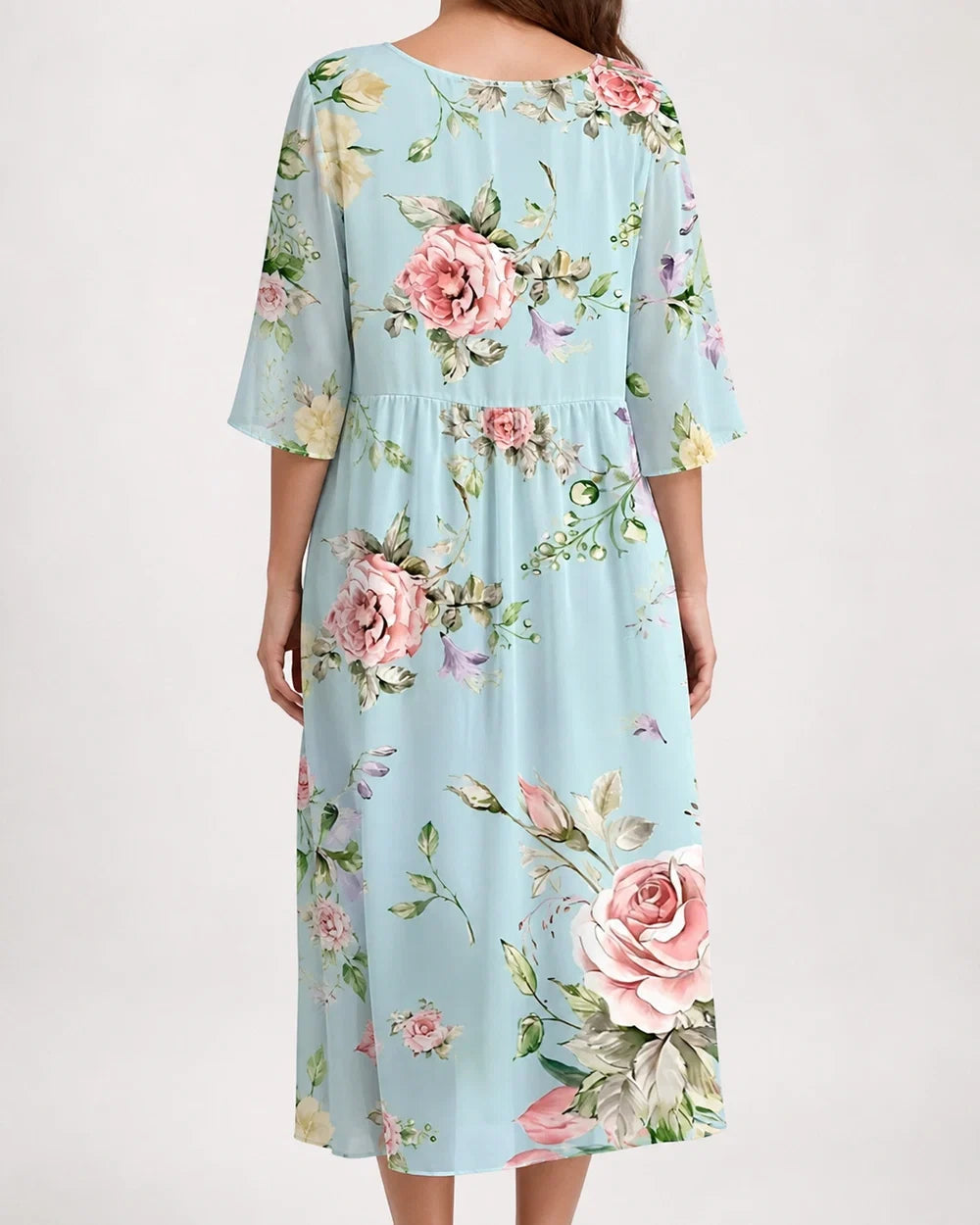 Women's pale blue floral midi dress, back worn view