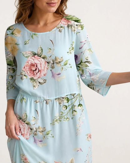 Women's pale blue floral midi dress, neckline sleeve and fabric detail