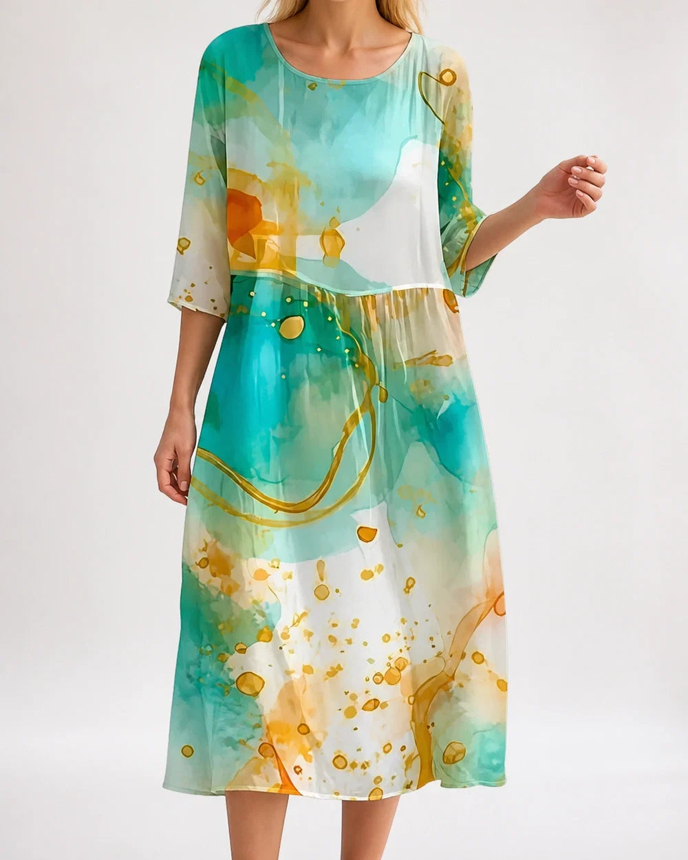 Women's green abstract-print loose midi dress, worn view