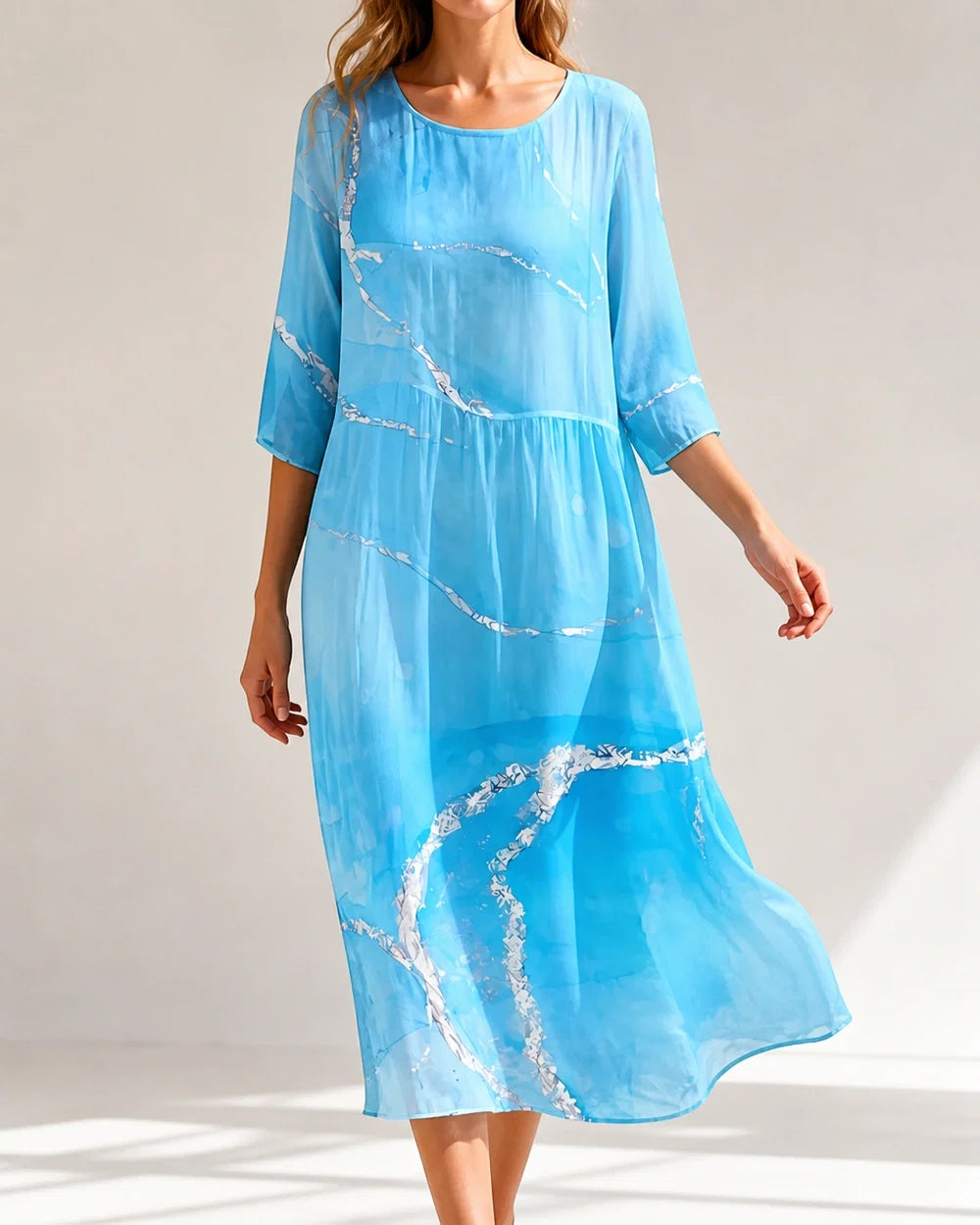 Women's light blue abstract-print loose midi dress, movement view