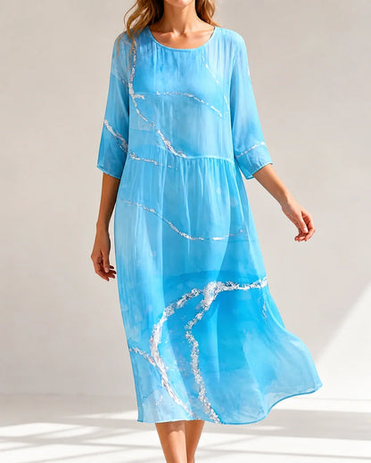 Women's light blue abstract-print loose midi dress, movement view