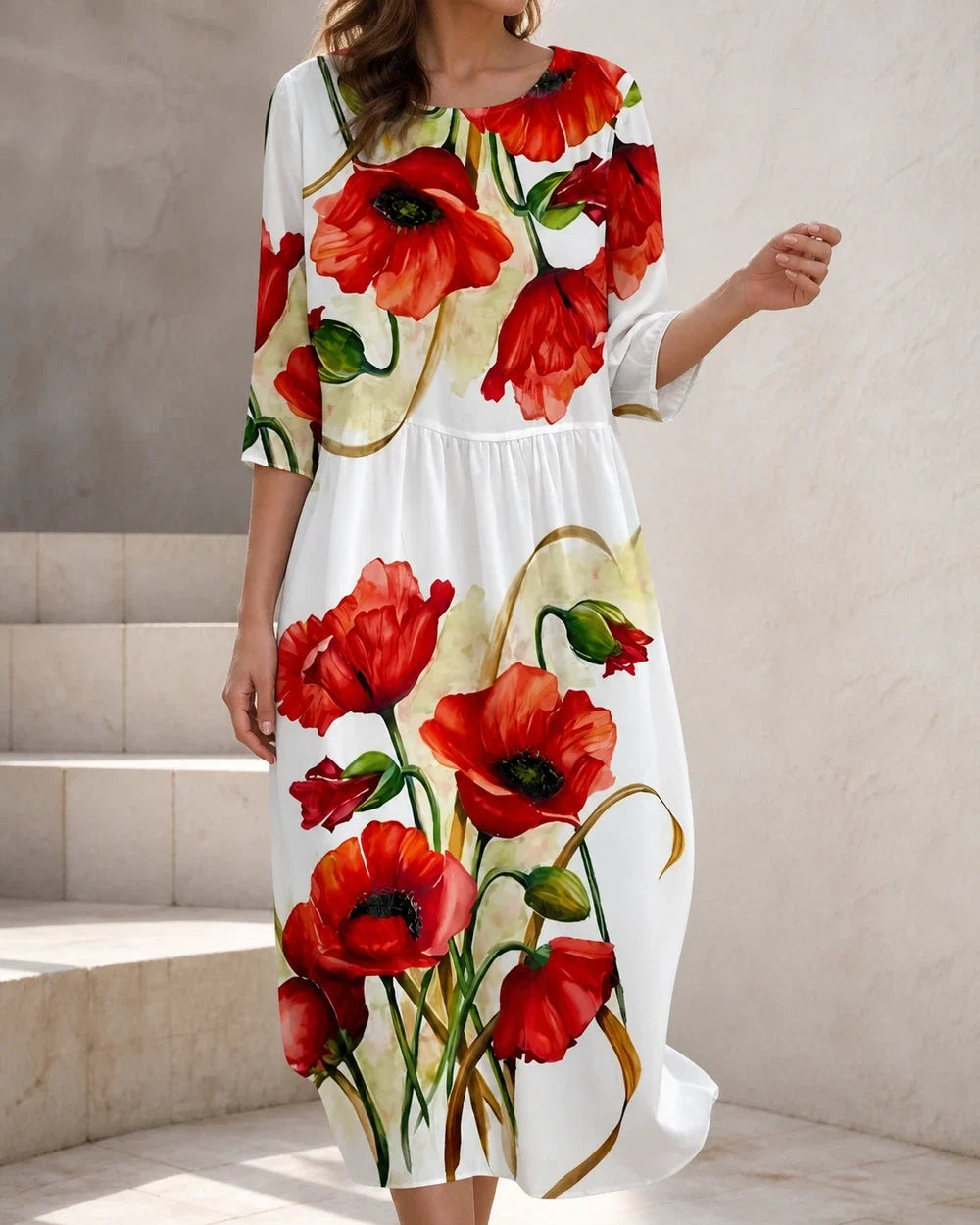 Women's white and red poppy floral loose midi dress, worn view