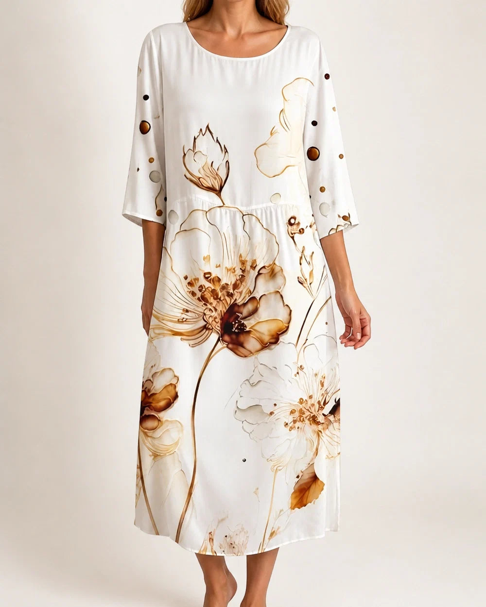 Women's white botanical floral loose midi dress, worn view