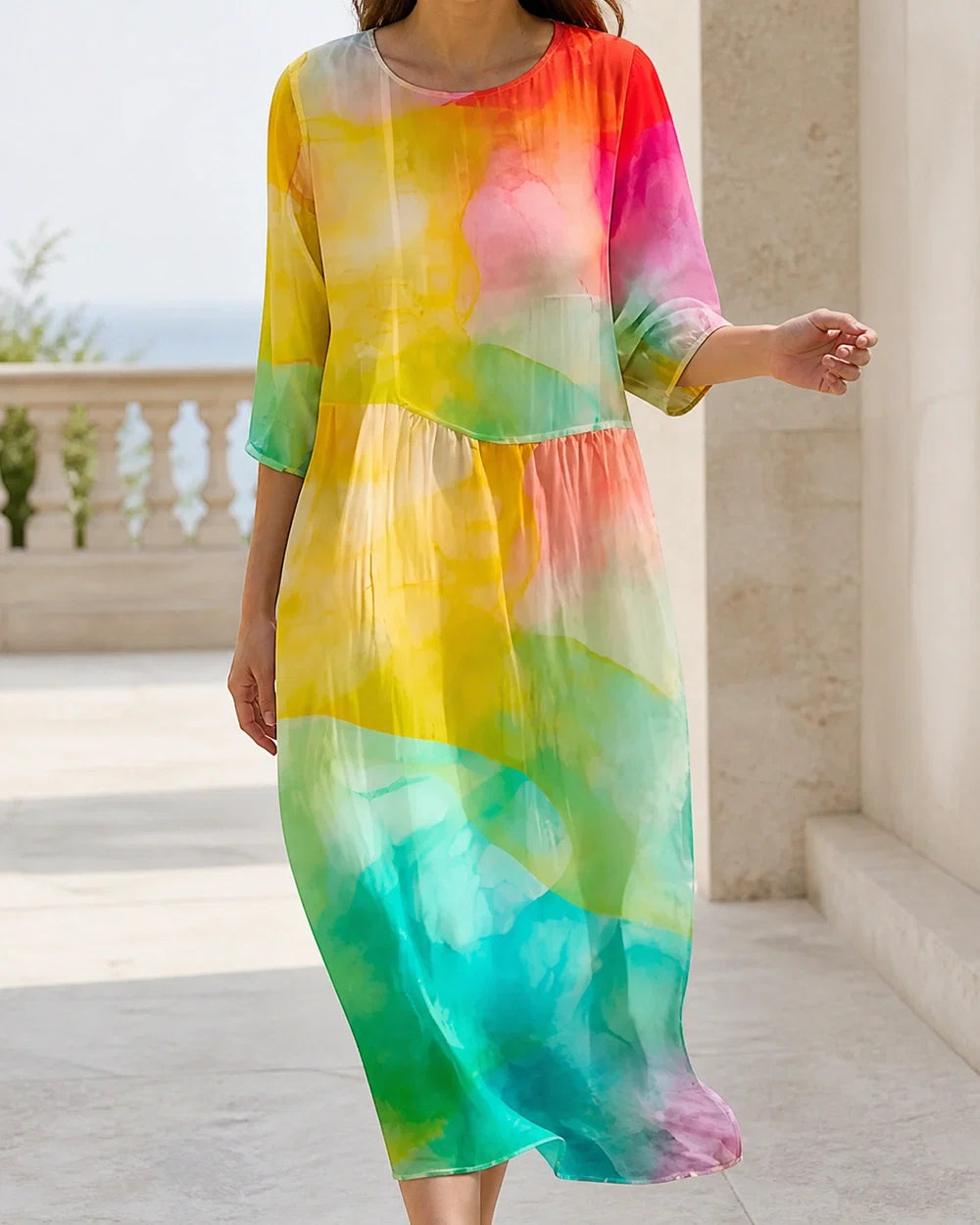 Women's multicolor abstract-print loose midi dress, lifestyle view