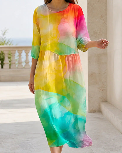 Women's multicolor abstract-print loose midi dress, lifestyle view