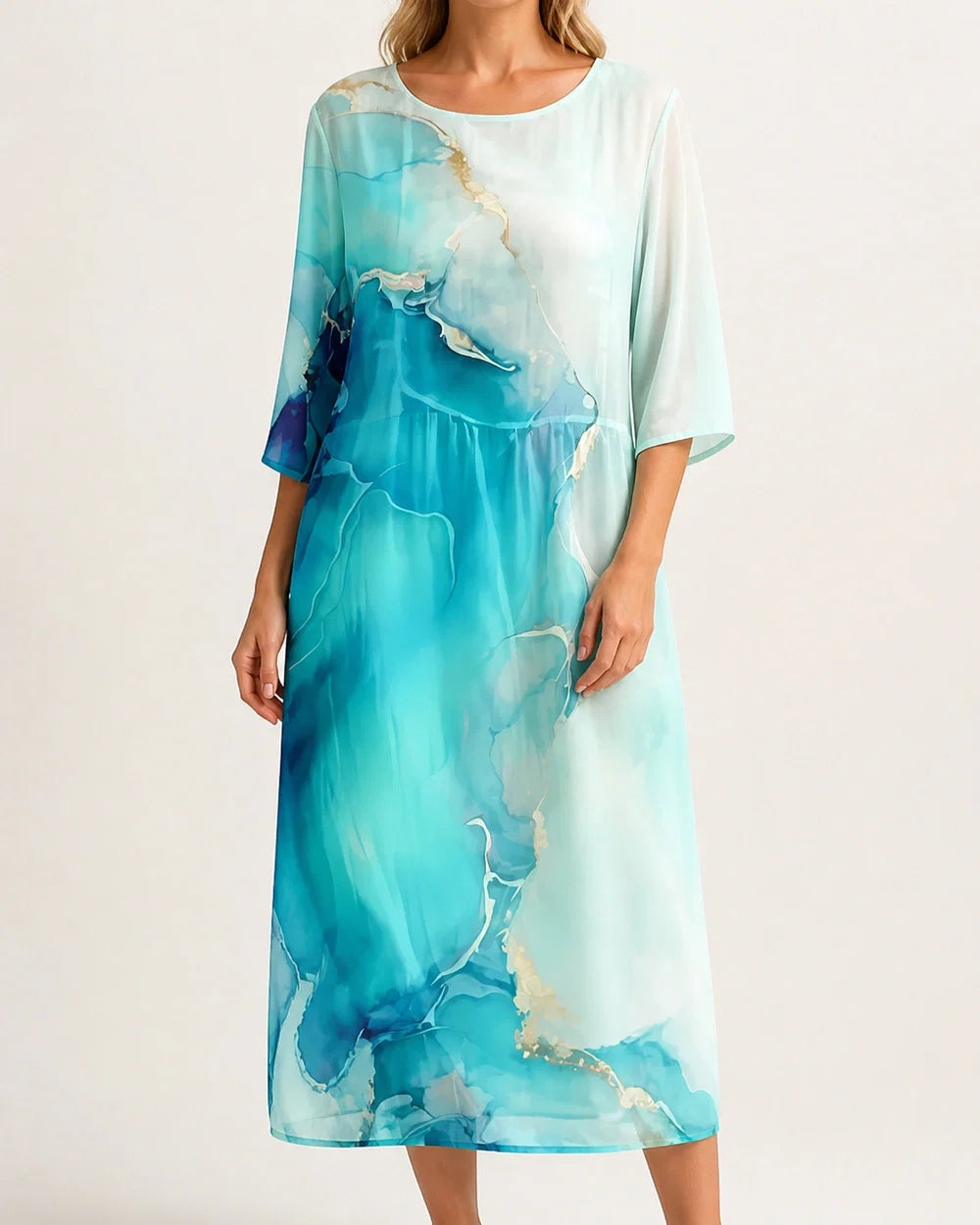 Women's white and blue abstract-print loose midi dress, worn view