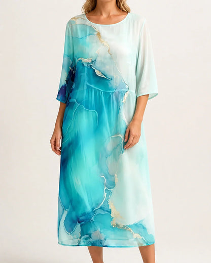 Women's white and blue abstract-print loose midi dress, worn view