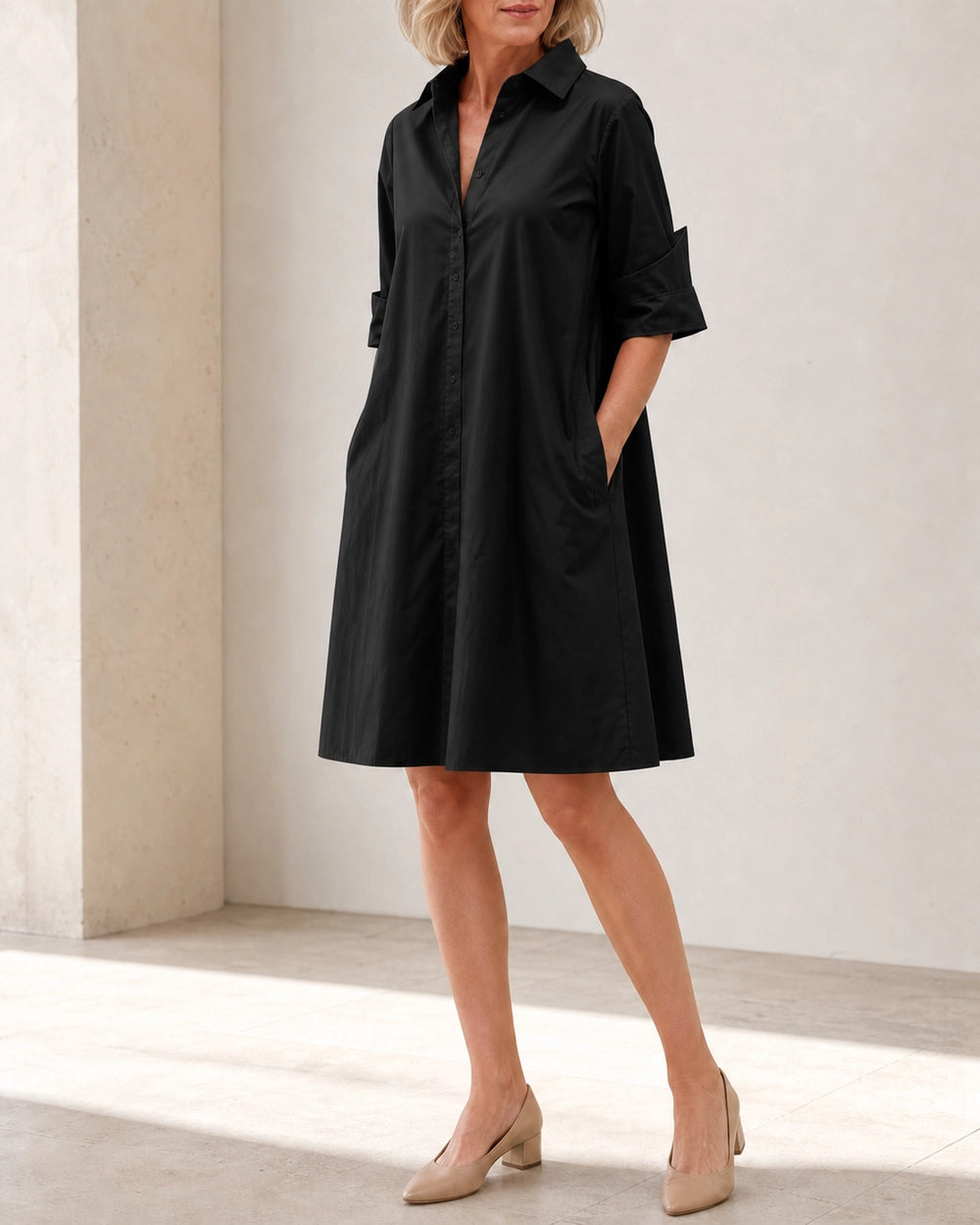 Momount Women’s Shirt Midi Dress Loose Fit Summer Dress — Black — front three-quarter color view — larissa-black-10-variant.webp