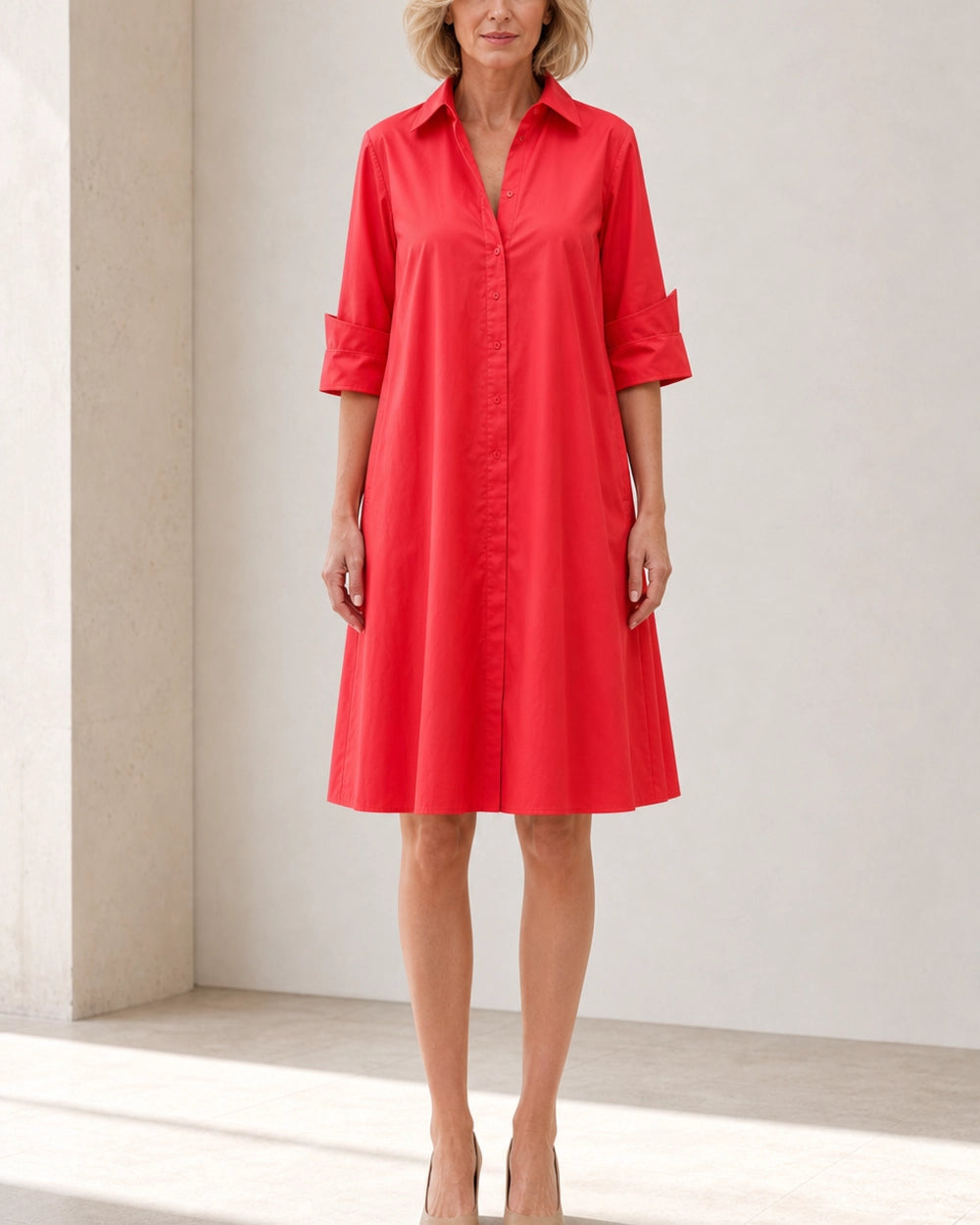 Momount Women’s Shirt Midi Dress Loose Fit Summer Dress — Red — complete front silhouette — larissa-red-02-silhouette.webp