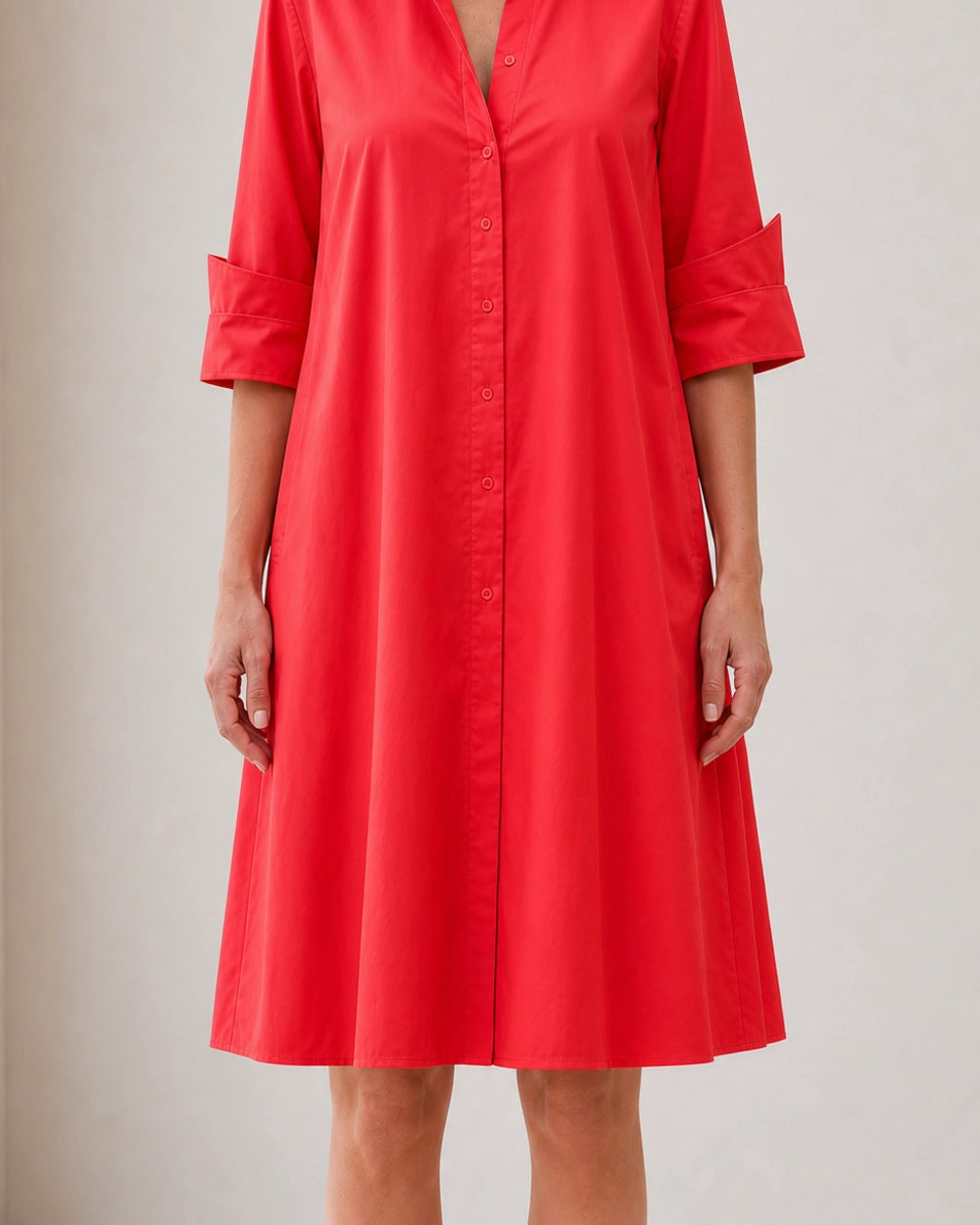 Momount Women’s Shirt Midi Dress Loose Fit Summer Dress — Red — straight front fit view — larissa-red-03-front-fit.webp