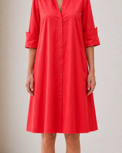 Momount Women’s Shirt Midi Dress Loose Fit Summer Dress — Red — straight front fit view — larissa-red-03-front-fit.webp