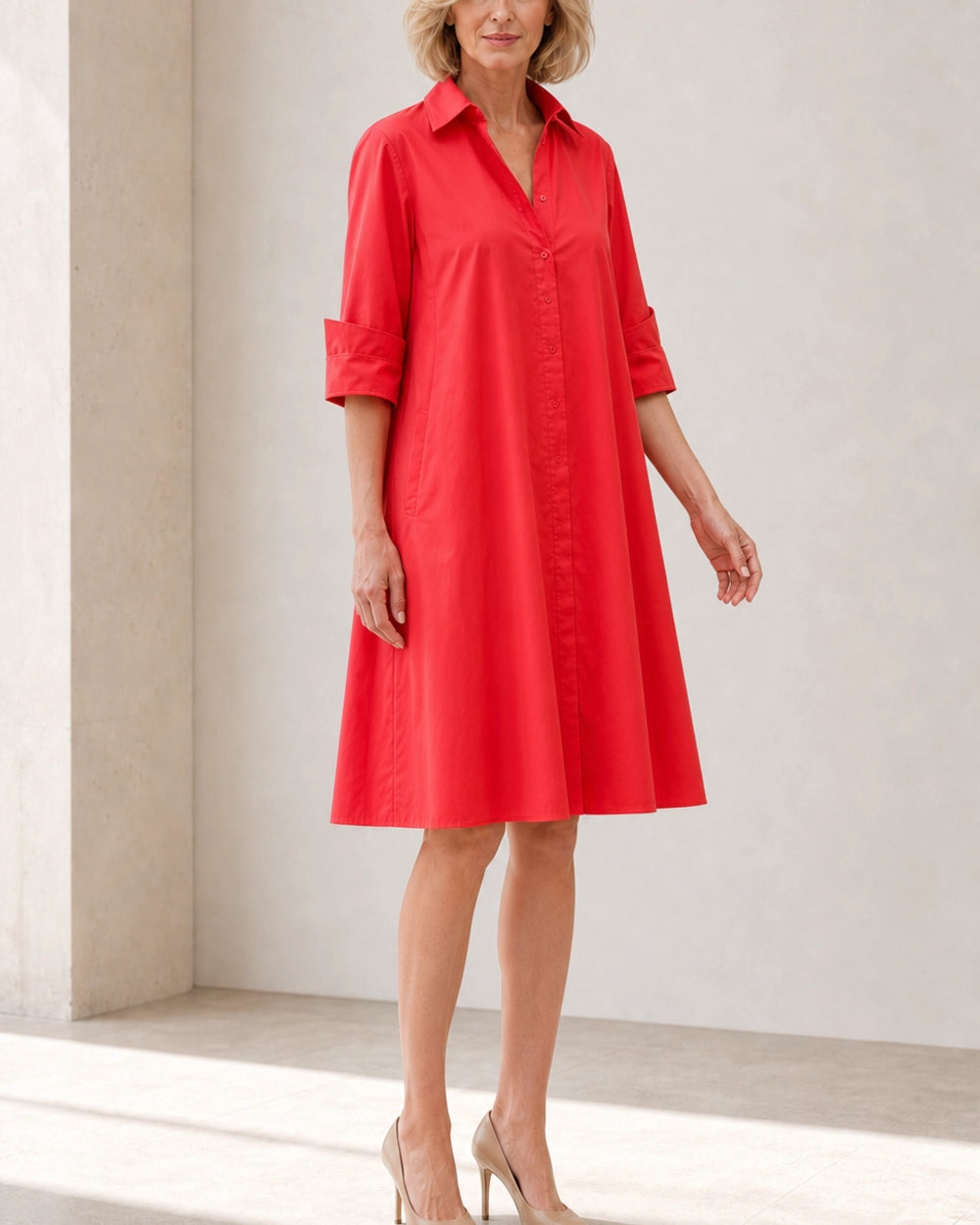 Momount Women’s Shirt Midi Dress Loose Fit Summer Dress — Red — alternate front three-quarter view — larissa-red-04-alternate-front.webp