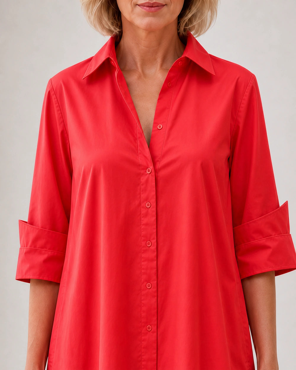 Momount Women’s Shirt Midi Dress Loose Fit Summer Dress — Red — collar placket and cuff detail — larissa-red-05-construction-detail.webp