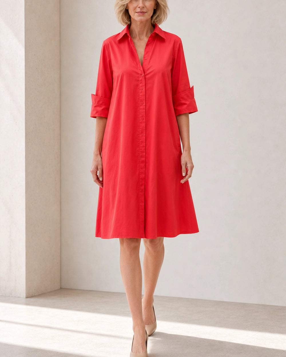 Momount Women’s Shirt Midi Dress Loose Fit Summer Dress — Red — front walking view — larissa-red-06-movement.webp