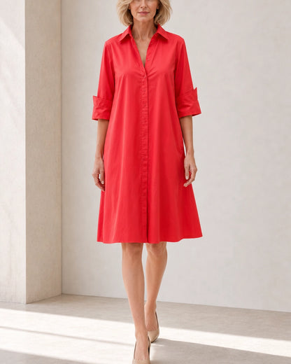Momount Women’s Shirt Midi Dress Loose Fit Summer Dress — Red — front walking view — larissa-red-06-movement.webp