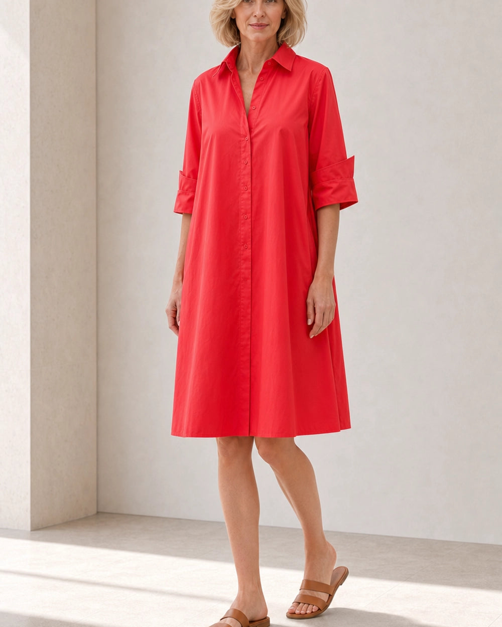 Momount Women’s Shirt Midi Dress Loose Fit Summer Dress — Red — front summer styling — larissa-red-07-second-styling.webp
