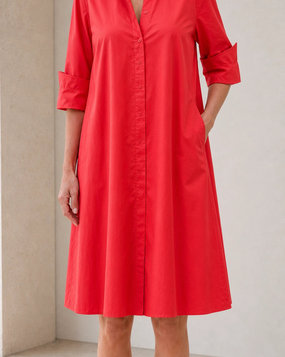 Momount Women’s Shirt Midi Dress Loose Fit Summer Dress — Red — front side-pocket proof — larissa-red-08-pocket-proof.webp