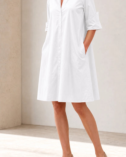 Momount Women’s Shirt Midi Dress Loose Fit Summer Dress — White — front three-quarter color view — larissa-white-09-variant.webp