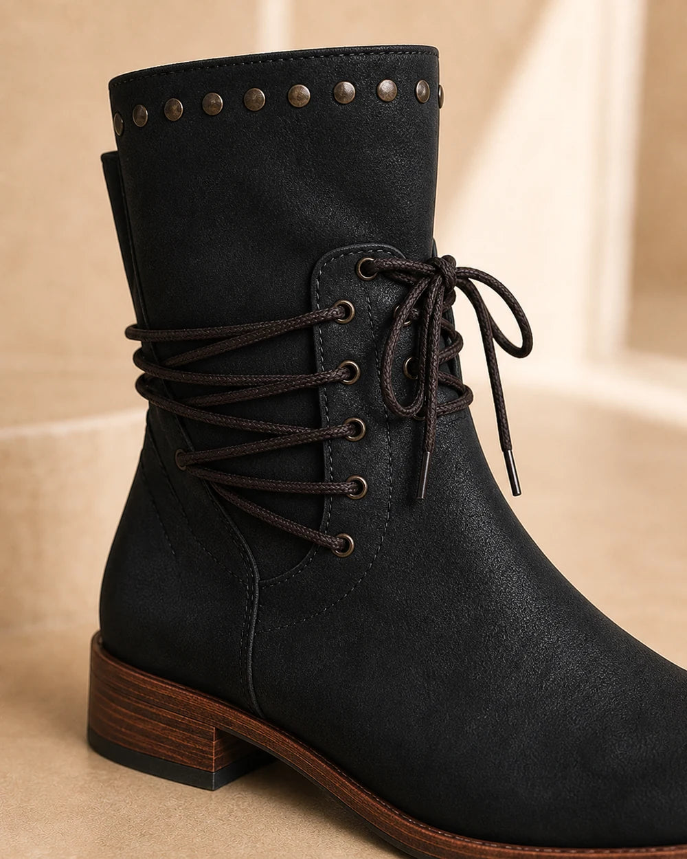 Lace-Up Western Ankle Boots, black detail. — maja-black-05-construction-detail.webp
